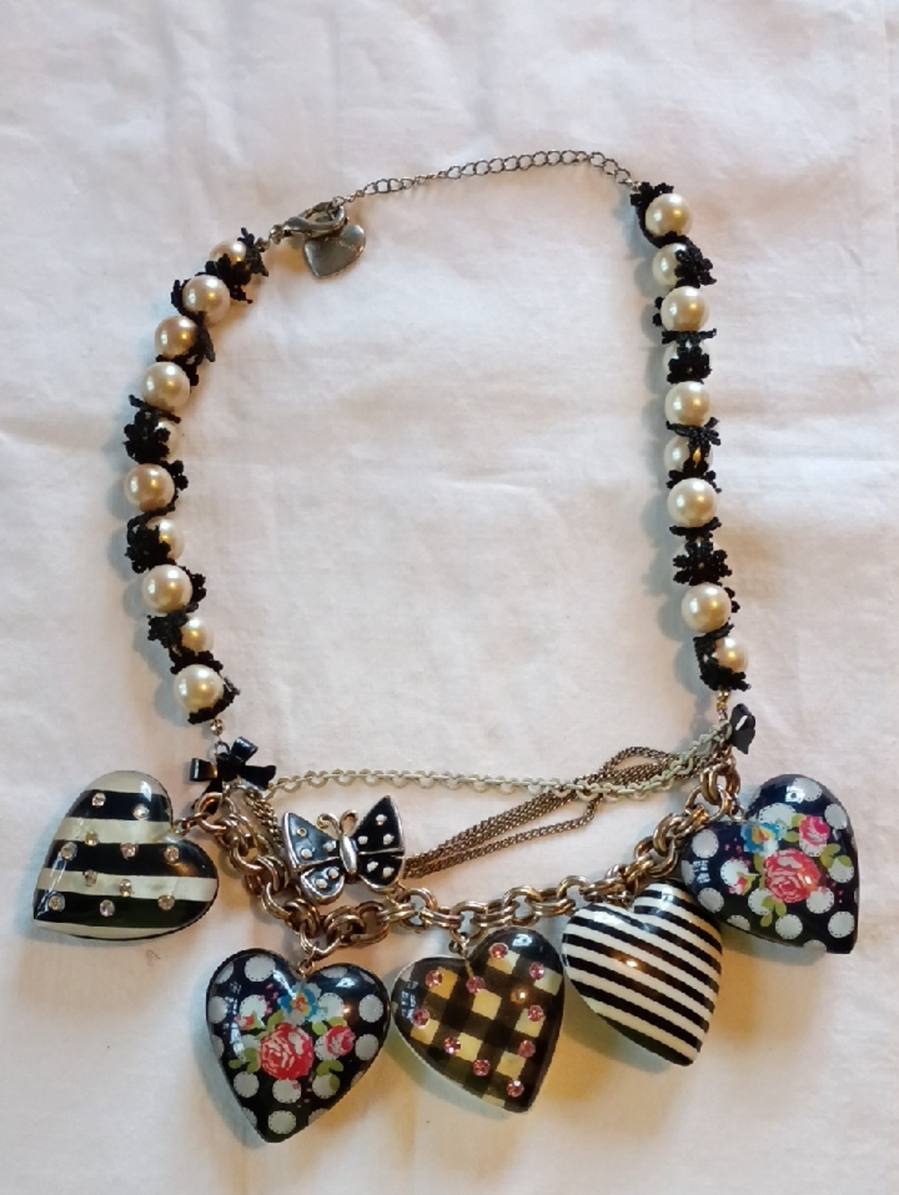 Betsey Johnson Black, White & Pearl Multi-Heart Charm Necklace